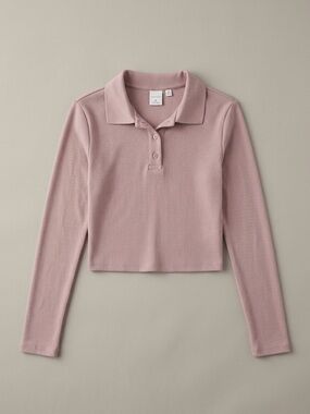 Aritzia Sunday Best Dusty Pink Long Sleeve Polo Crop Tee